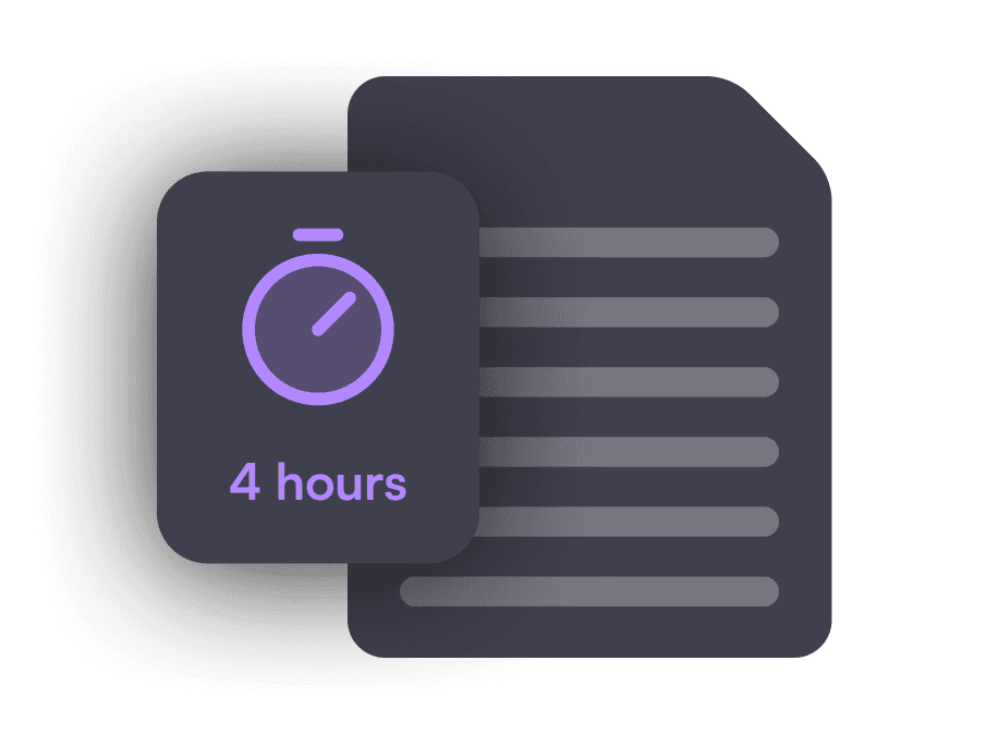 A purple circle with a checkmark inside is centered on a dark grid background. Colorful brush strokes surround it, creating a celebratory tone.