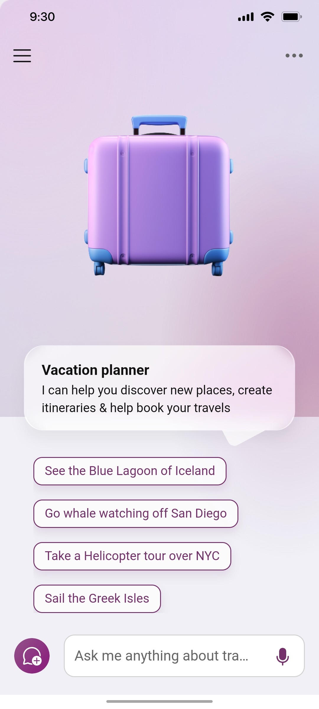 Microsoft Vacation planner home screen