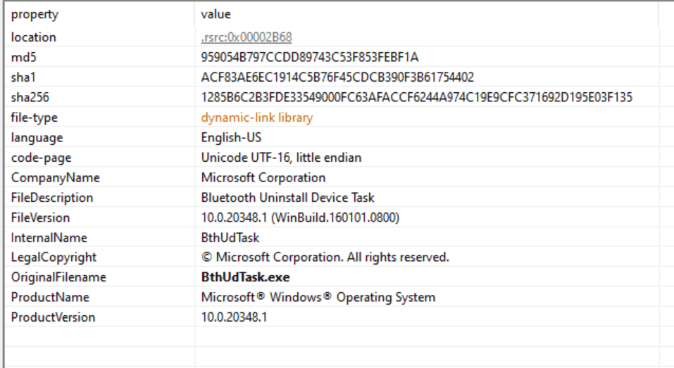 Technische Details einer DLL-Datei (Dynamic Link Library), die sich auf die Bluetooth-Funktionalität unter Windows bezieht, einschließlich MD5-, SHA-1- und SHA-256-Hash-Werte, sowie Informationen über Ursprung und Version der Datei.