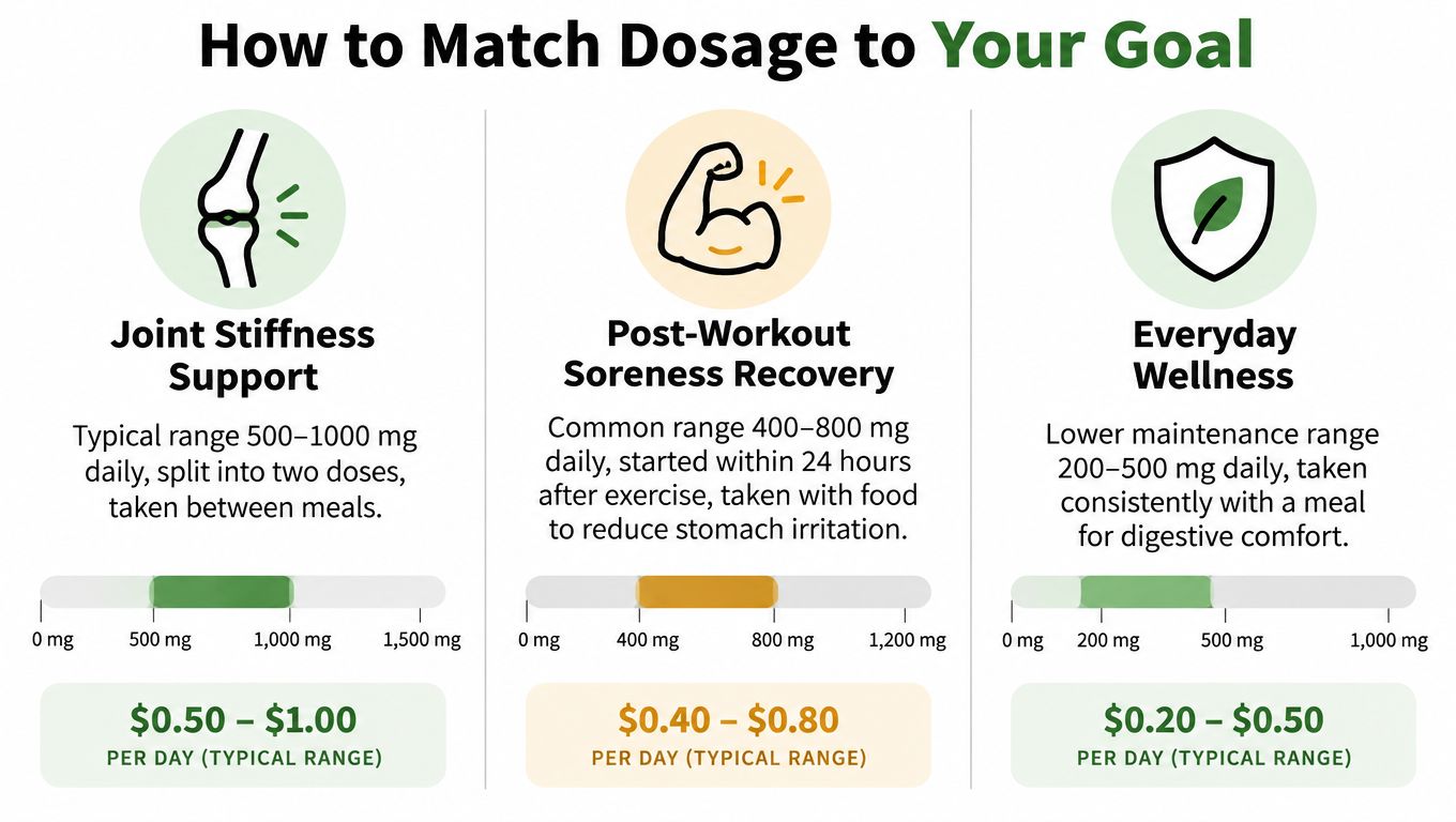 An infographic showing recommended daily bromelain dosage ranges for joint stiffness, workout recovery, and general wellness.