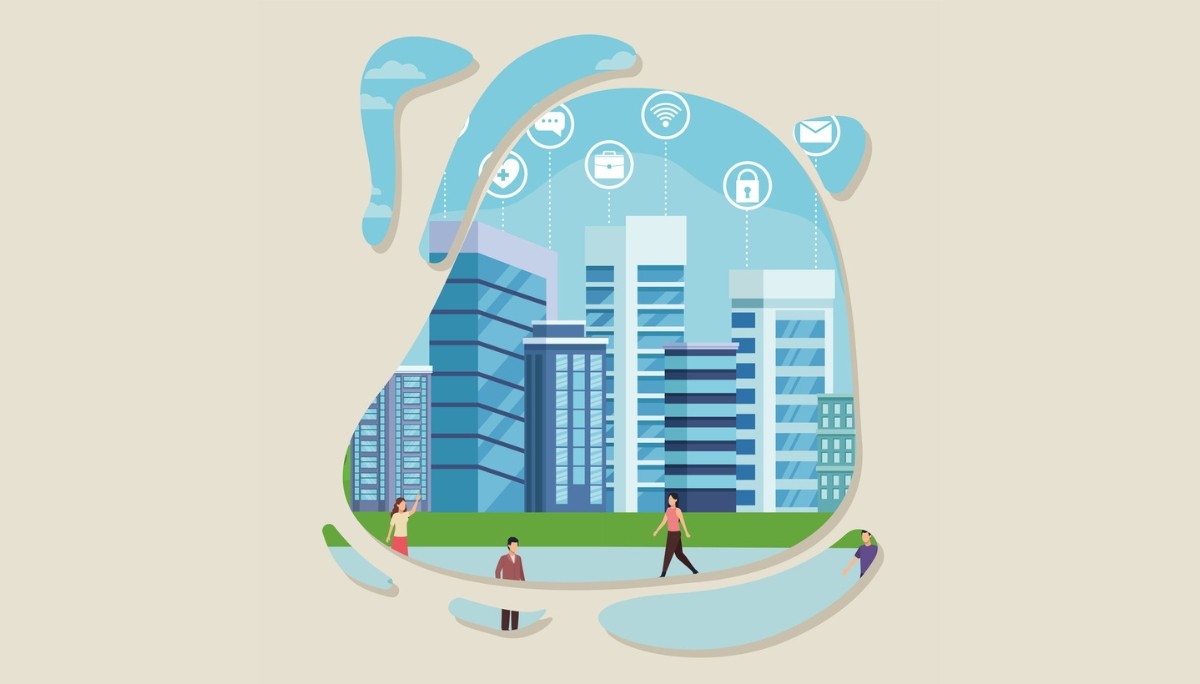 Illustration of a smart city viewed through a water droplet, featuring tall buildings, people walking, and digital connectivity icons, symbolizing New York City's vibrant startup ecosystem in 2025, driven by innovation, technology, and urban entrepreneurship.