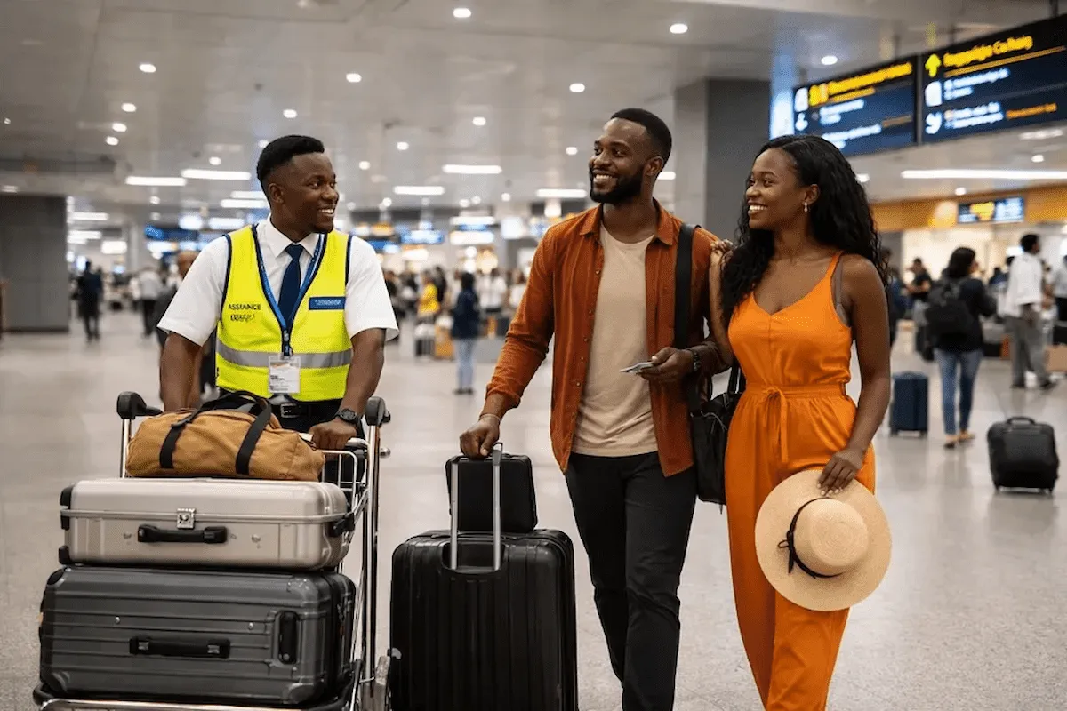 Airport porter assisting travelers with luggage on arrival - BookAfrica Airport experience.