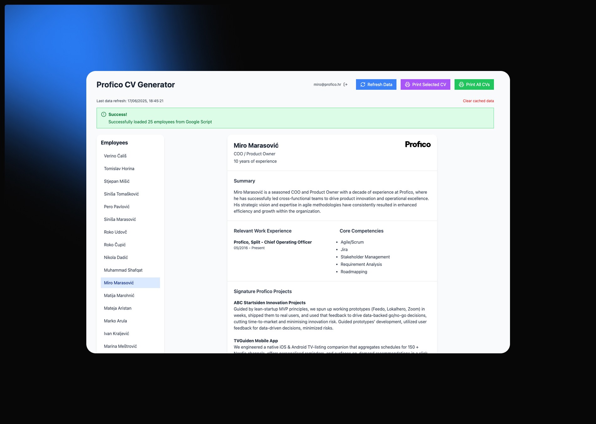 The completed Profico CV Generator interface showing a sidebar with employee names and a clean, professional CV layout.