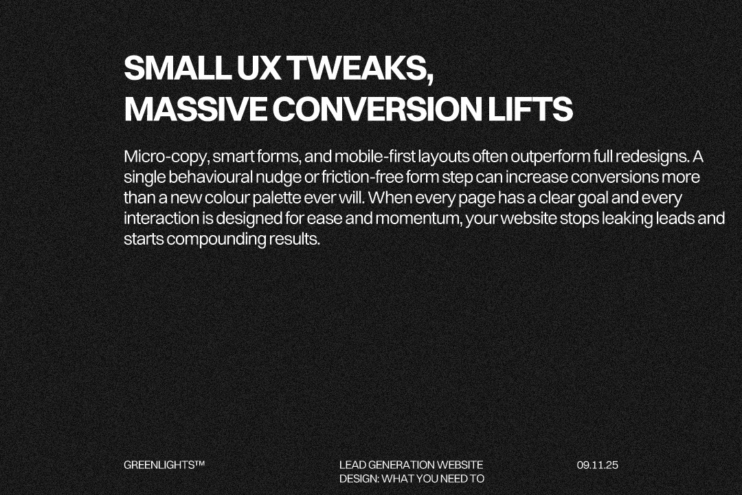 Conversion optimisation tactics including behavioral nudges, smart forms, mobile-first UX, thumb-friendly design, sticky CTAs, and conversion goal mapping for higher website lead generation.