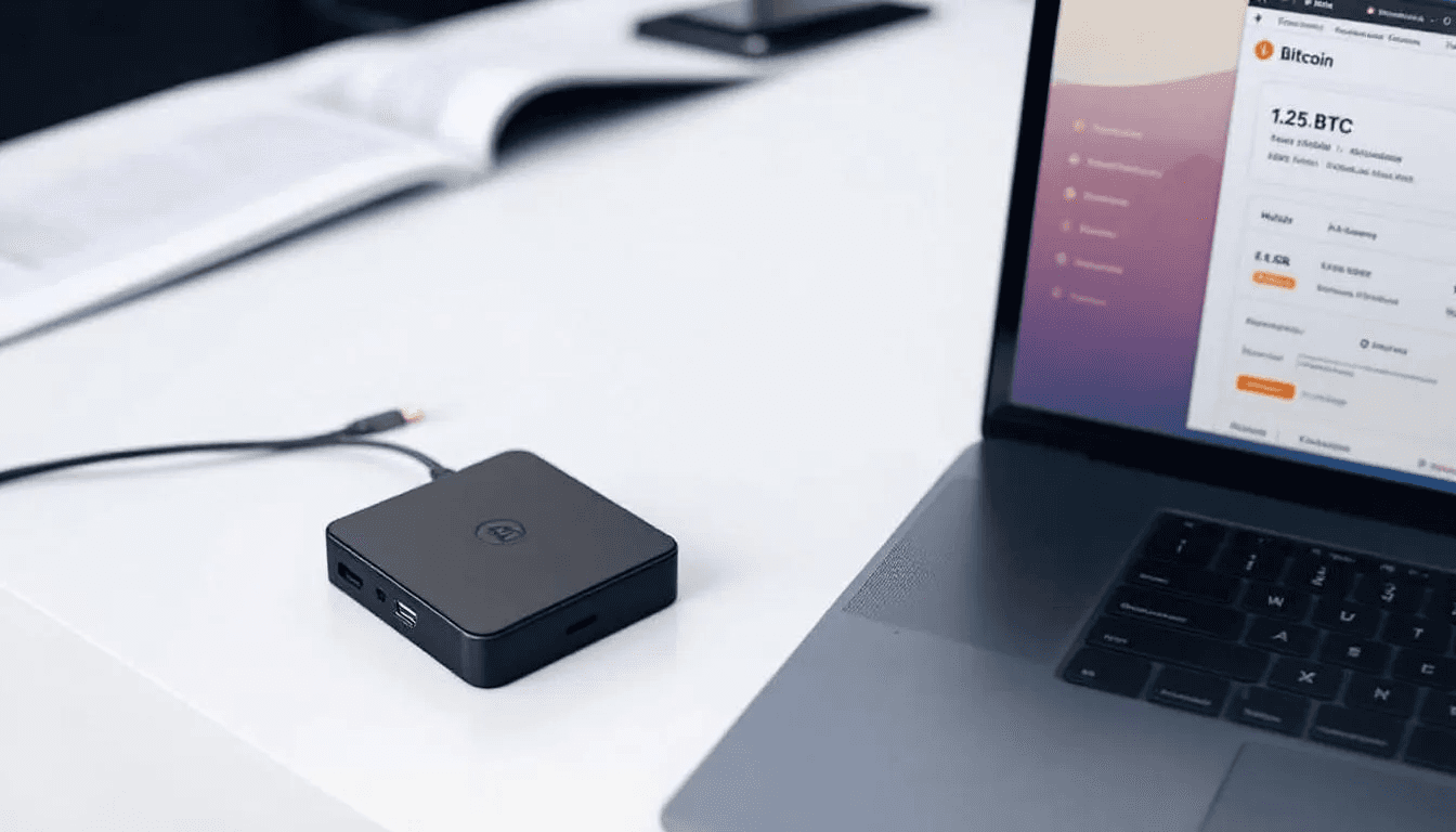 The image features a secure hardware wallet device positioned next to a computer displaying Bitcoin transaction management software, highlighting the straightforward process of sending and receiving Bitcoin payments. The setup emphasizes the importance of security and the management of Bitcoin addresses for effective cryptocurrency transactions.