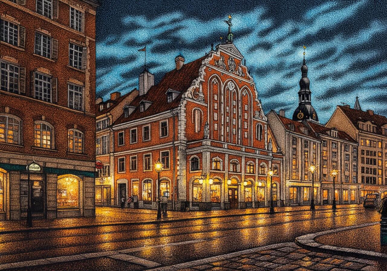 Detailed illustration of a historic street in Latvia at night, featuring ornate European buildings with warm glowing lights, cobblestone streets, and a dramatic cloudy sky.