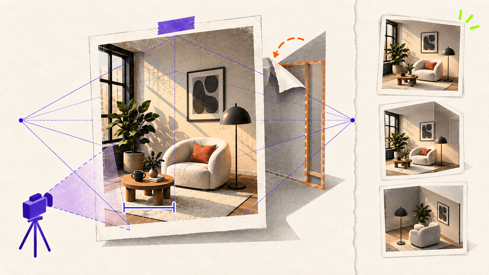 A reference image is examined using perspective guides, a scale measurement, a camera cone, and a marked hidden area.