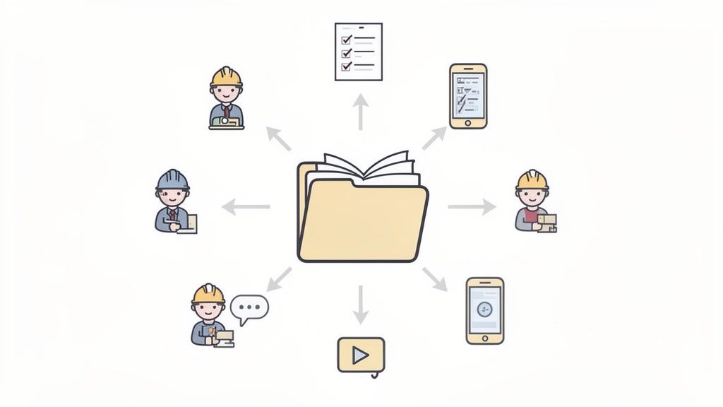 A diagram illustrates a central document folder connecting to construction workers, mobile devices, checklists, and videos.