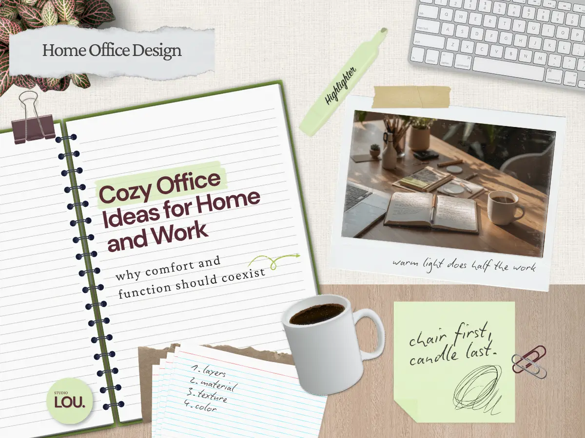 Collage-style blog header for “Cozy Office Ideas for Home and Work: why comfort and function should coexist,” with a notebook, coffee mug, and handwritten notes reading “bulbs before blankets,” “warm light does half the work,” and “the rug stops short of my chair.”