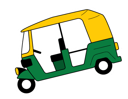 A green and yellow three-wheeler auto-rickshaw in a flat illustration style.