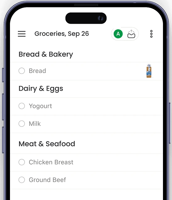 Modern grocery planning app UI built for fast item entry and tracking.