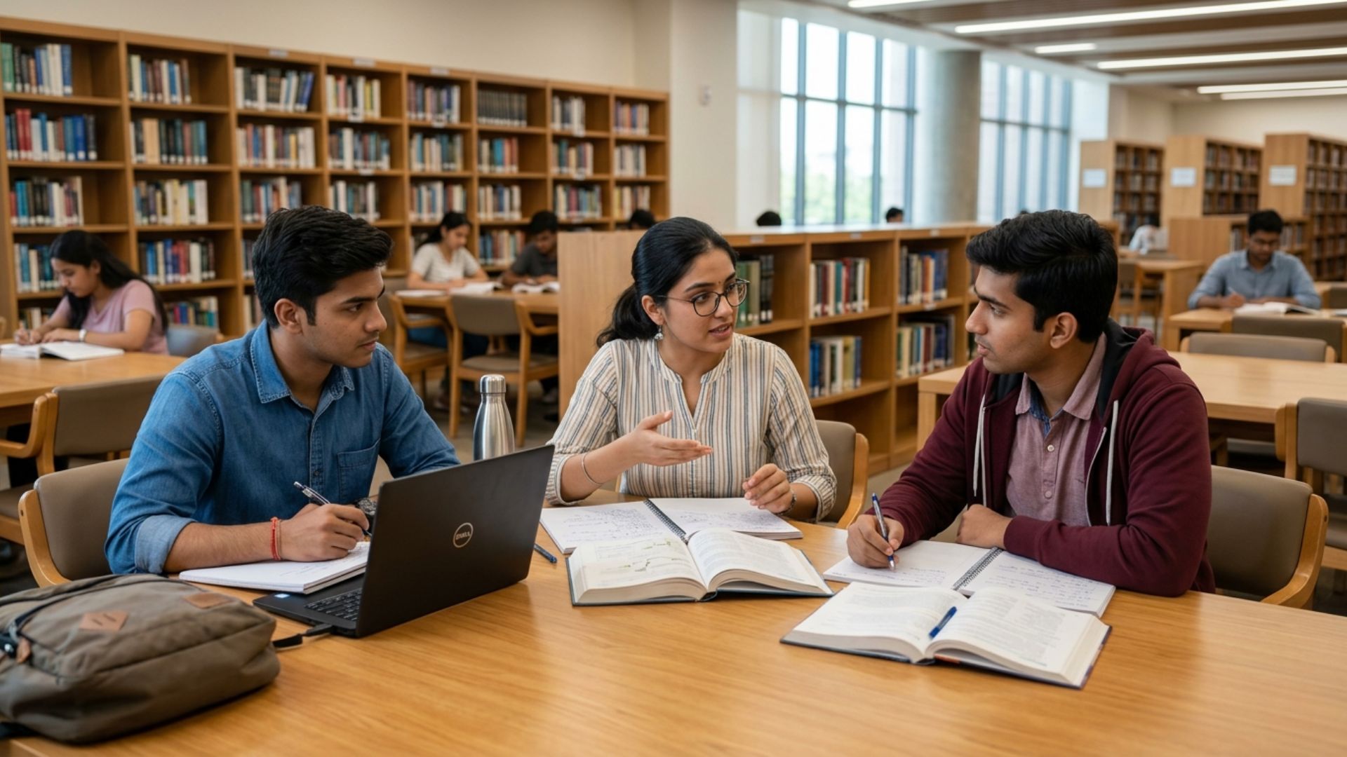 Students studying together in a library for Engineering Entrance Exams After 12th