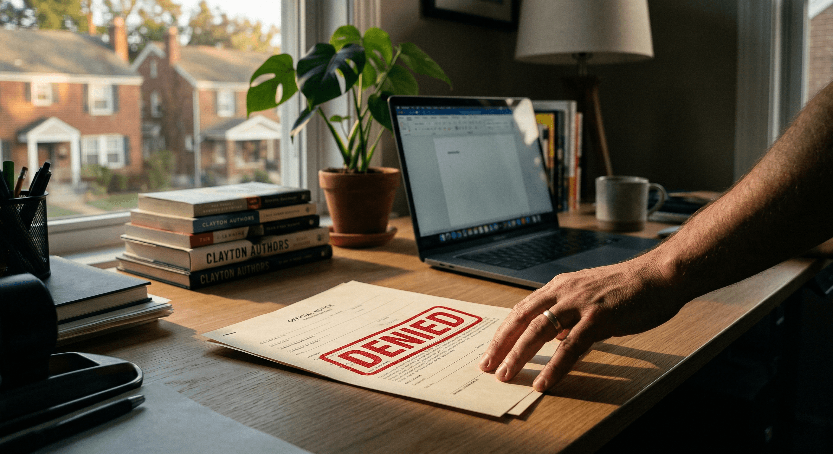 Employee picking up a denied ADA accommodation request letter from a desk, preparing to appeal the decision