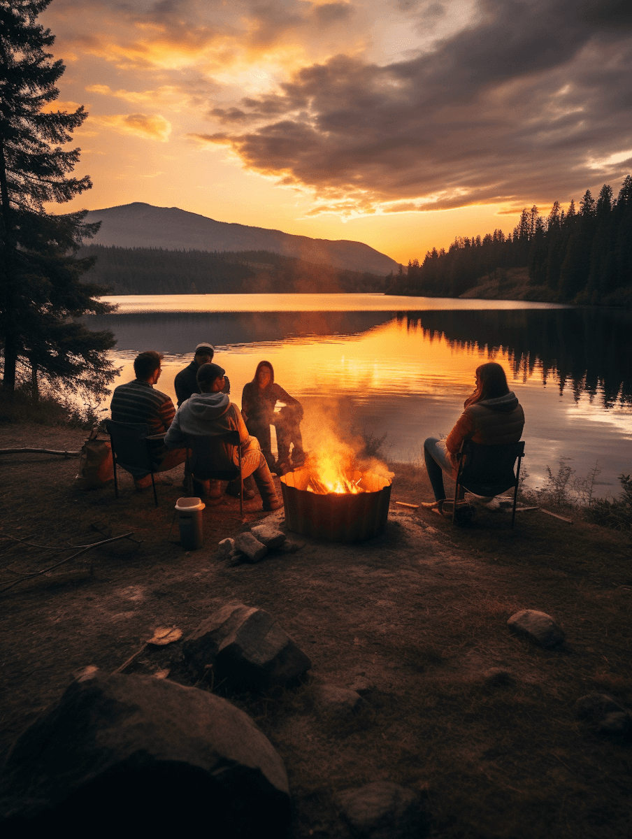 Friends laughing around a campfire in the woods