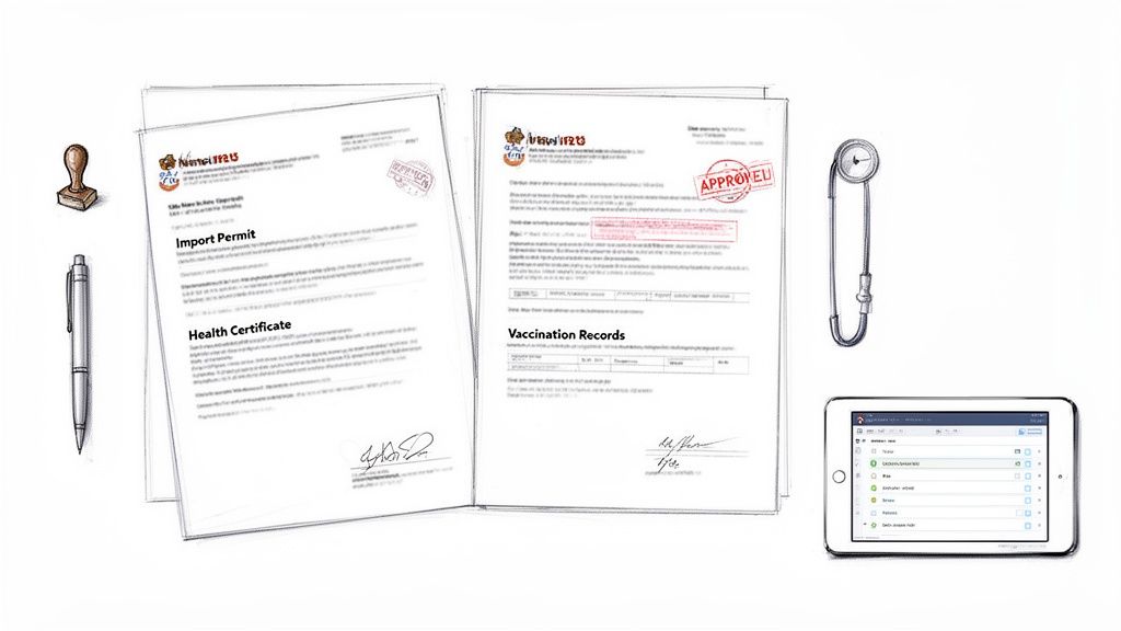 Pet travel documents: import permits, health certificates, vaccination records, with a pen, stamp, stethoscope, and tablet.