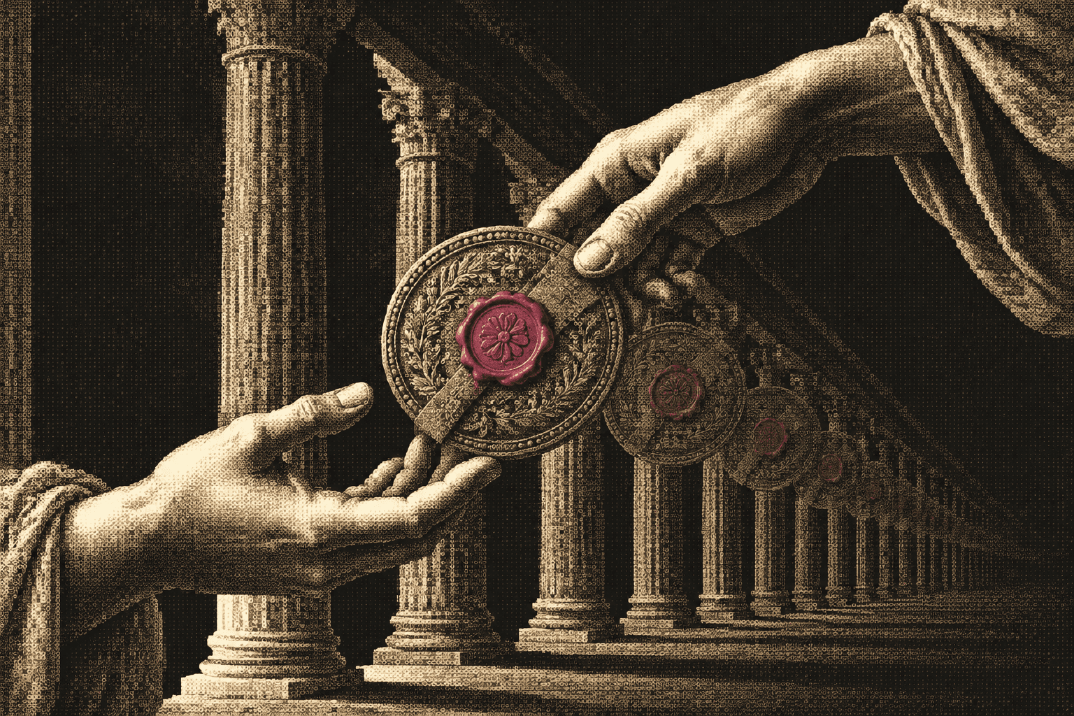 Two marble hands passing a sealed medallion along a colonnade, with faint copies of it repeating behind