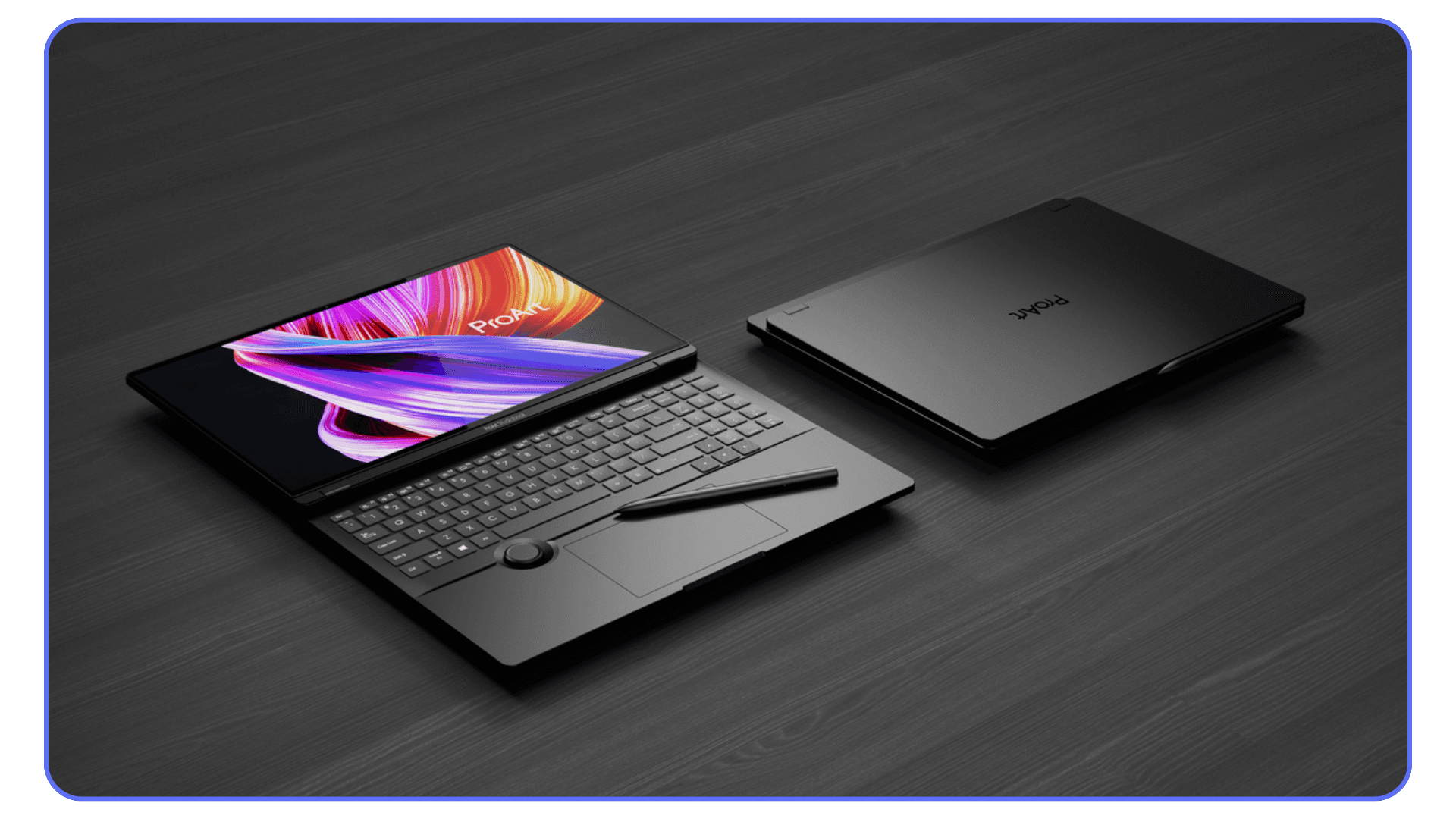 A Fujitsu laptop in a split view with a detachable screen, showing a stylus and the laptop on a dark wooden surface.