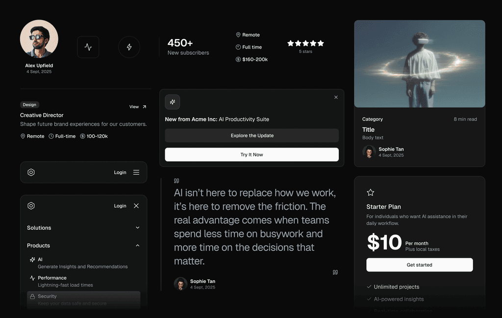 Profile page featuring Alex Upfield as Creative Director with remote and full-time job details. Emphasizes AI benefits in work efficiency. Includes a subscription notice, tutorial image, and a $10 starter plan option. Design is sleek and professional.