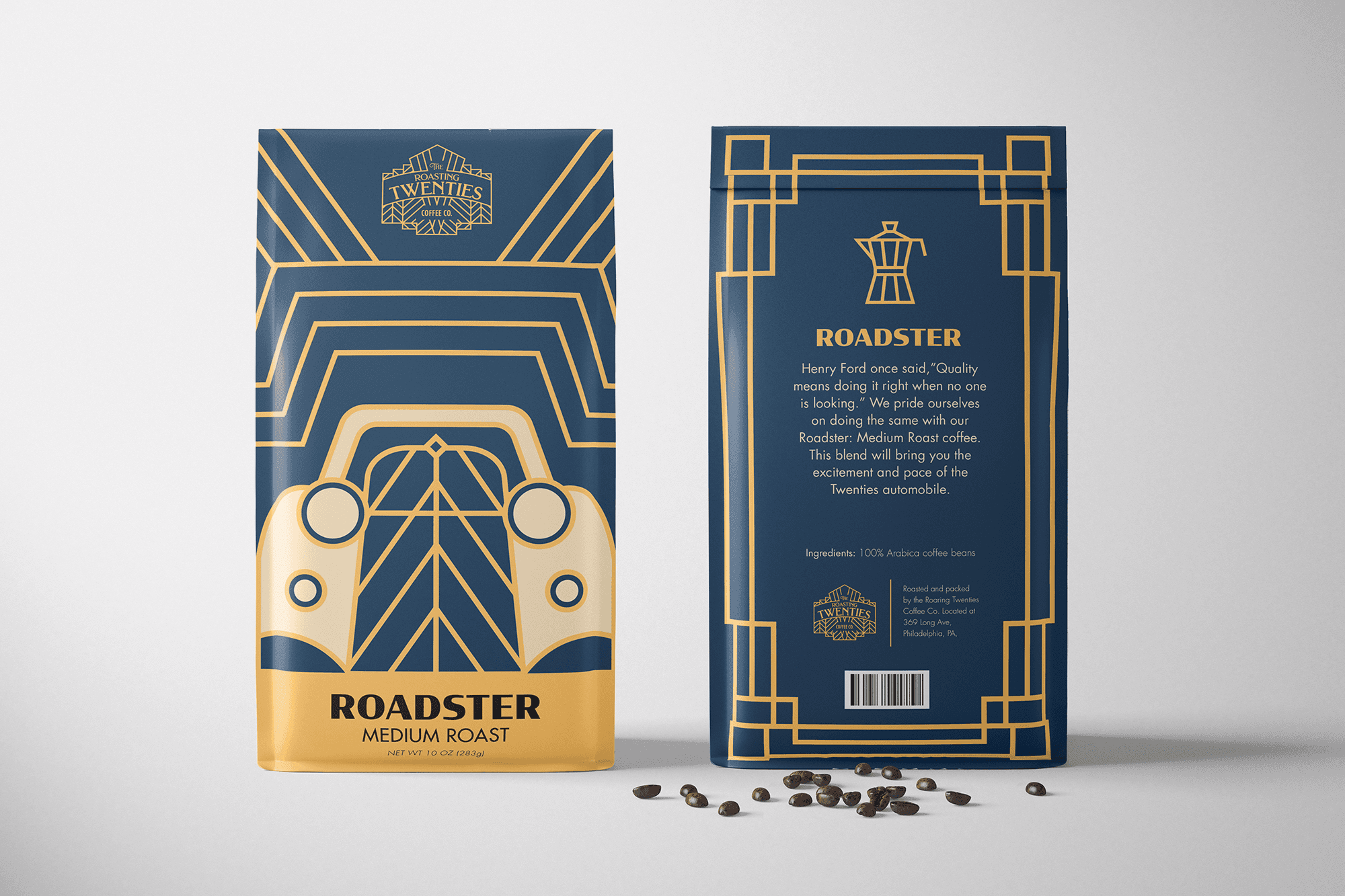 The Roasting Twenties Roadster Medium Roast Coffee Bag Design