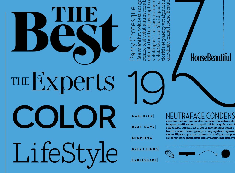 A collage of fonts and elements used in the design of House Beautiful