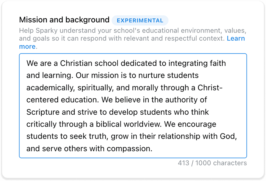 Screenshot of mission and background that is available for admins to set christian based values 