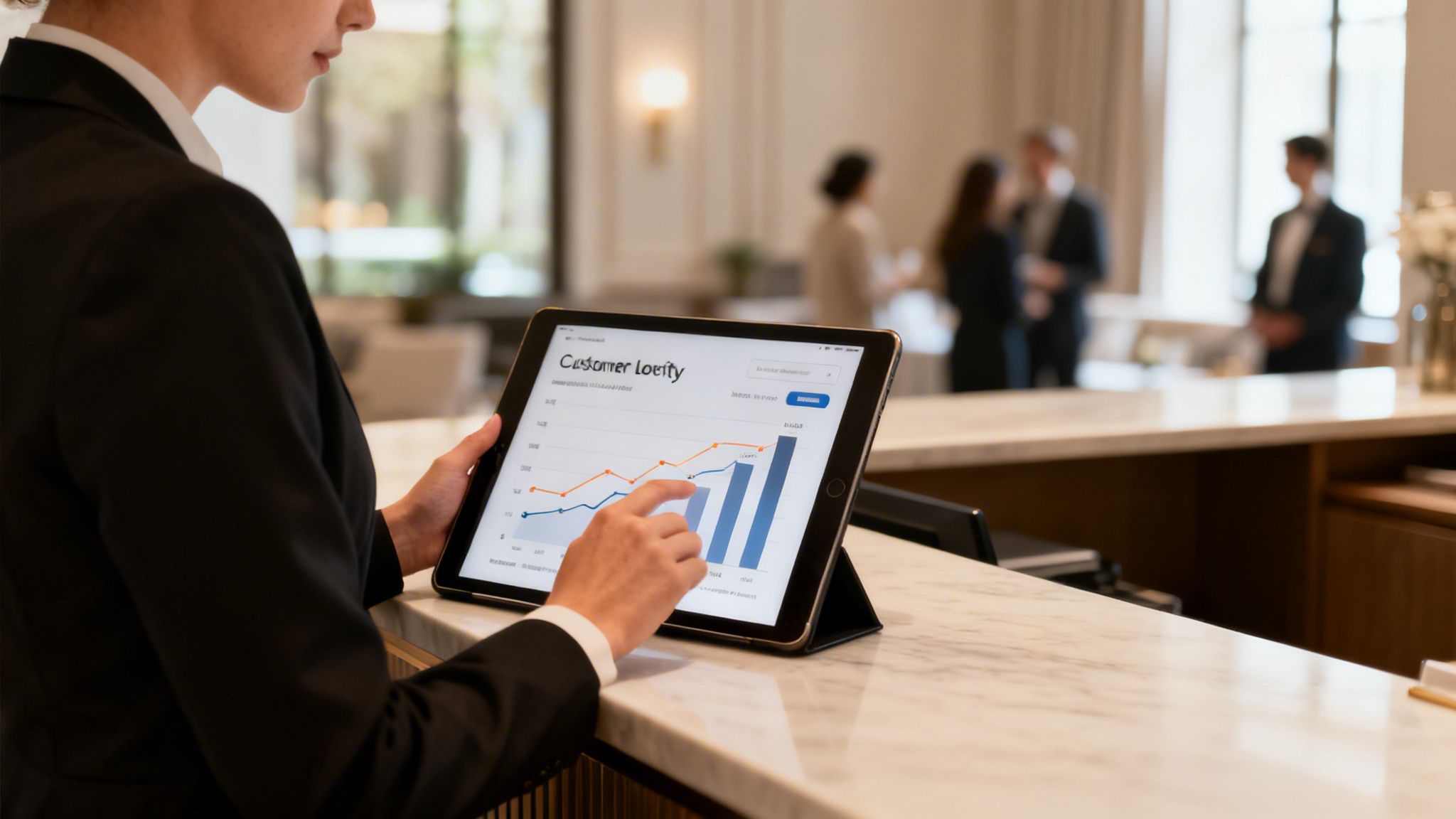A business person analyzing customer loyalty data on a tablet in a modern office or hotel lobby.