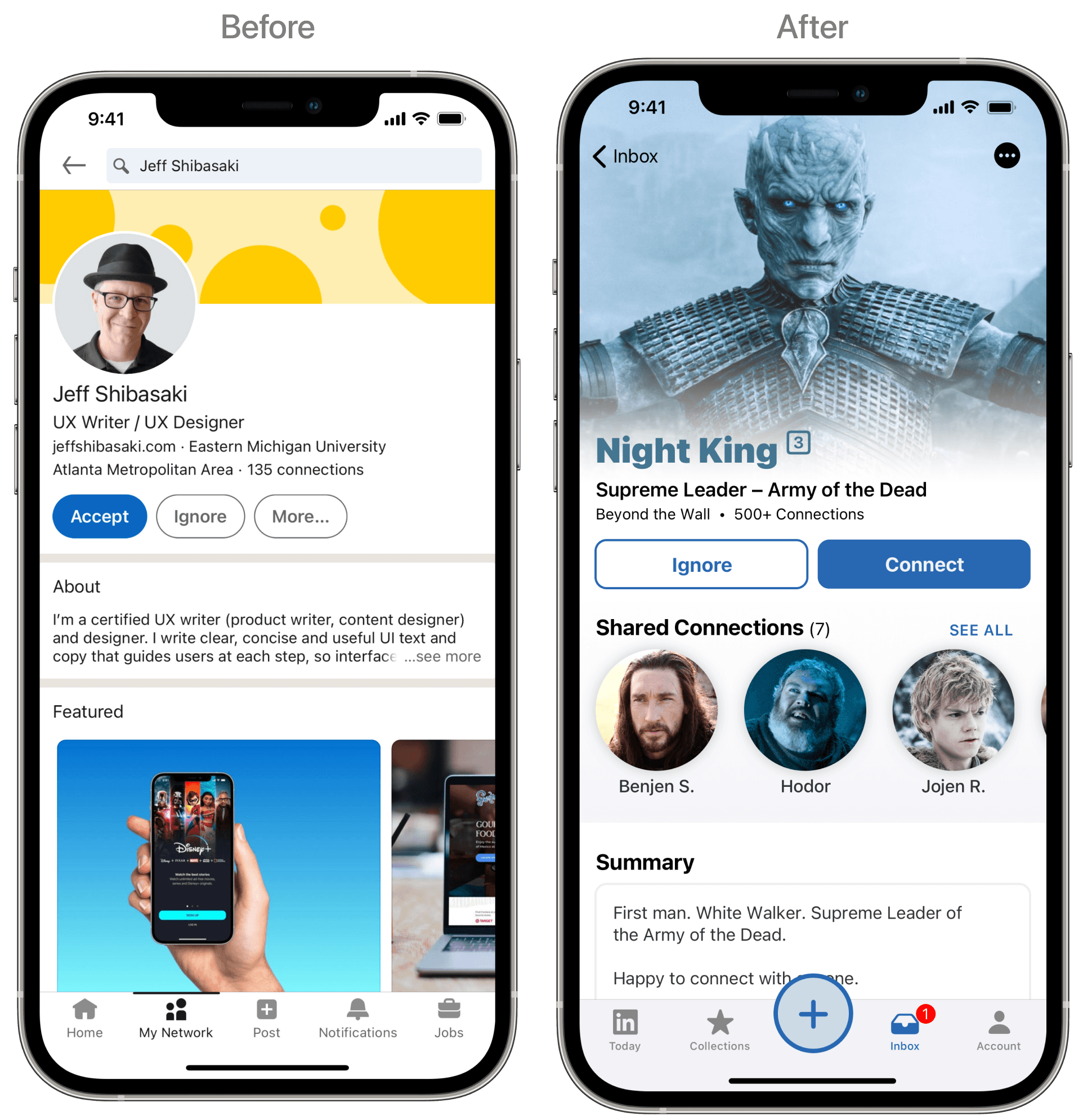 LinkedIn connection request profile before and after the redesign
