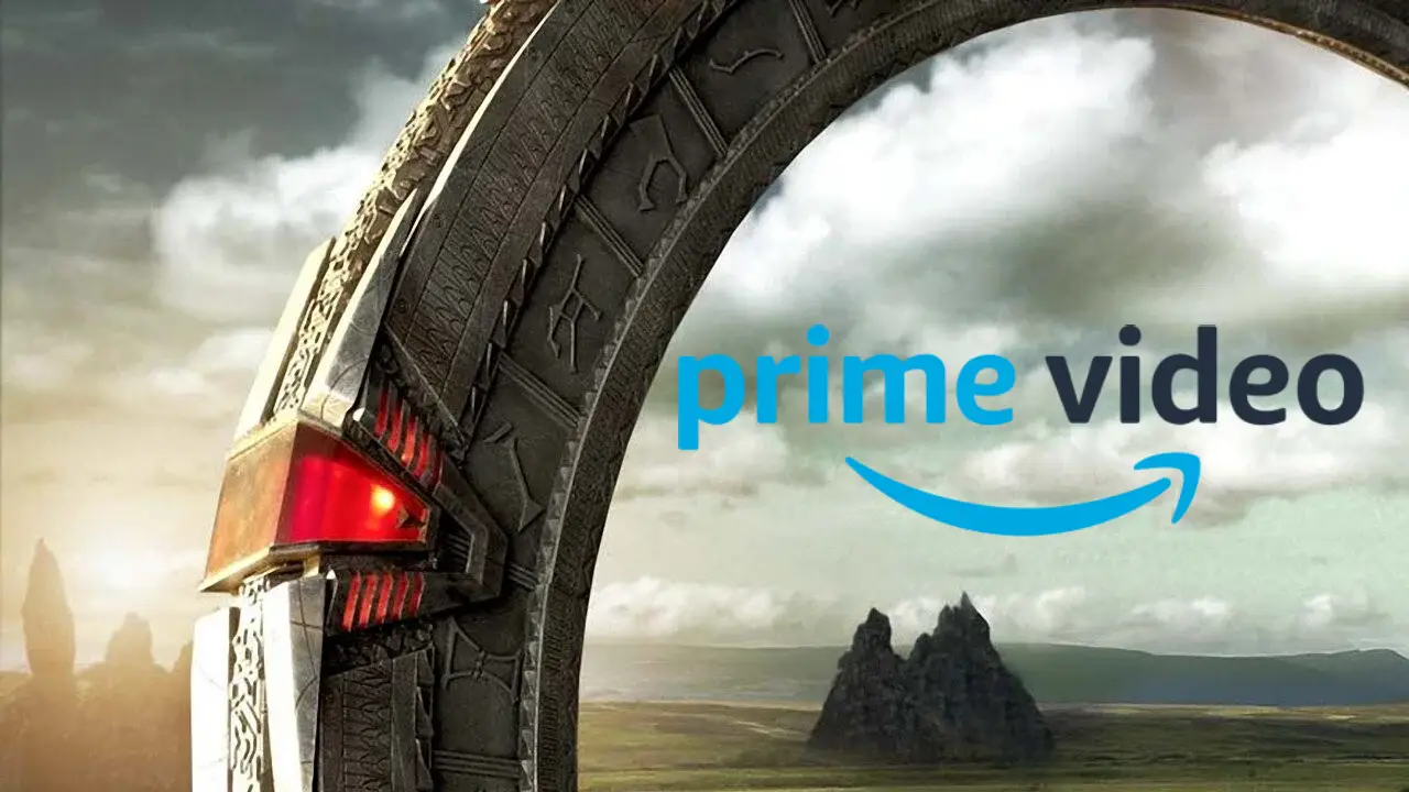 A majestic stone portal stands in a vast, open landscape under a cloudy sky, with "Prime Video" logo prominently displayed, suggesting themes of epic journeys and adventure streaming.