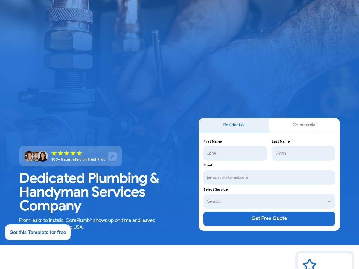 Plumber and Handyman Framer template homepage with quote form