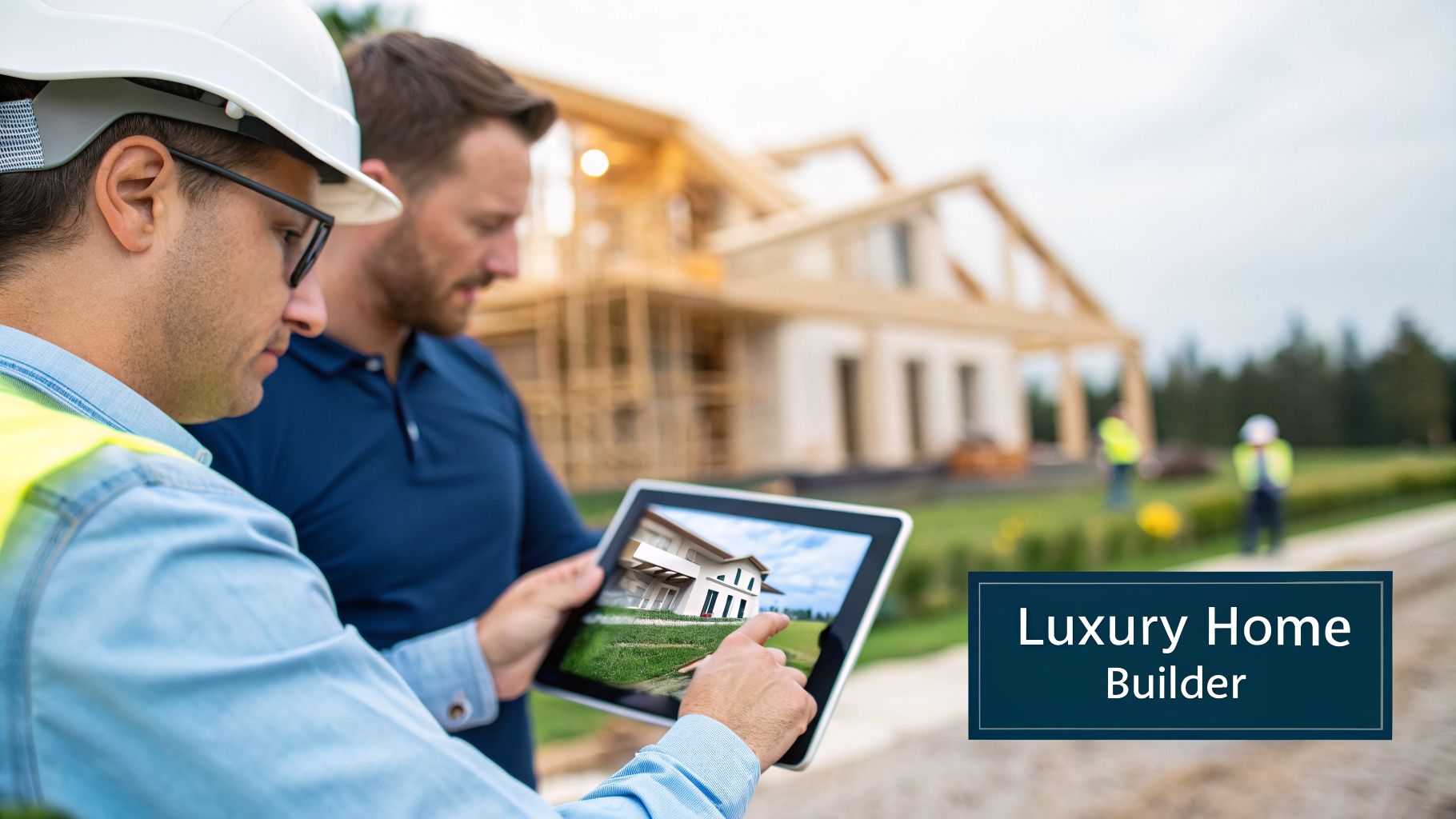 Construction professionals review luxury home design on a tablet at a building site, with a house frame in the background.