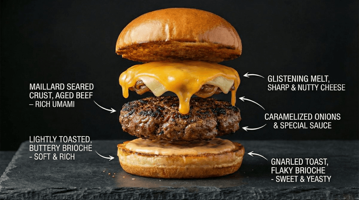 "Create a hyper-realistic infographic of a gourmet cheeseburger, deconstructed to show the texture of the toasted brioche bun, the seared crust of the patty, and the glistening melt of the cheese. Label each layer with its flavor profile."