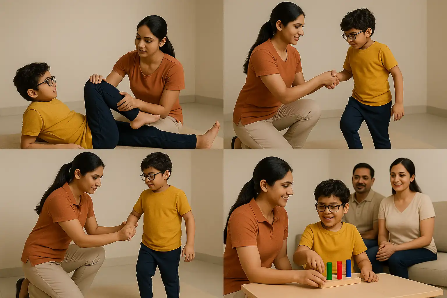 Pediatric physiotherapy collage showing a child with cerebral palsy practicing leg movement, balance training, assisted walking, and fine-motor skill activities with therapist and family support.