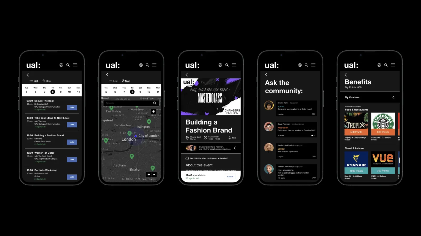 Five dark-theme Creative Shift screens showing list and map views