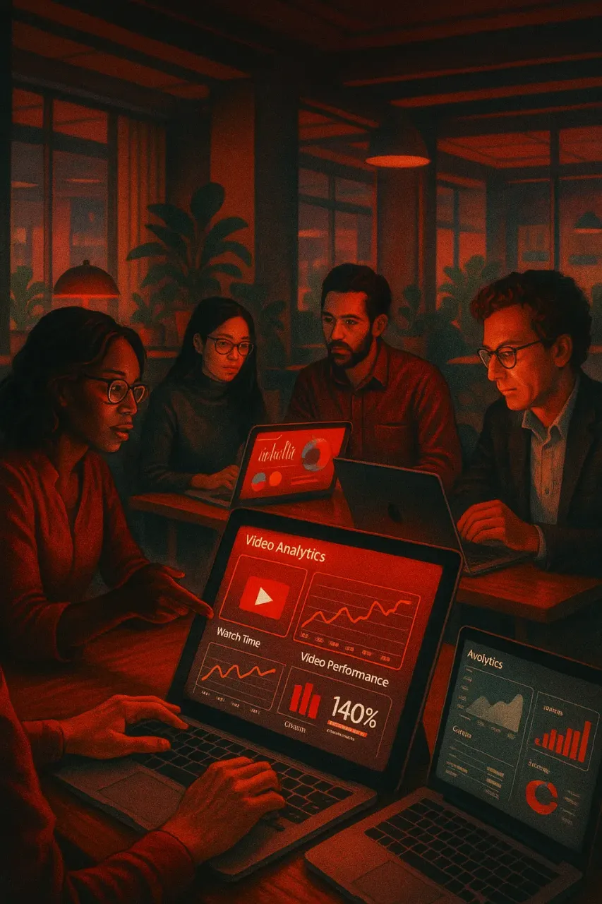 Team at RockN' Socials, a digital marketing agency, analyzing video data.