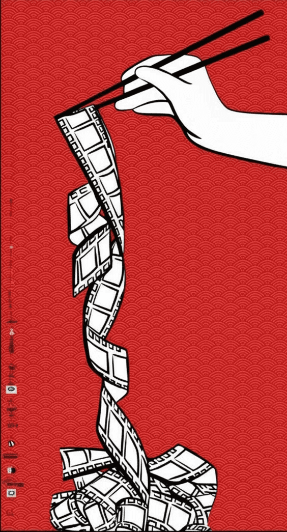 Minimal red and white visual featuring a film reel on a plate, symbolizing cinematic video editing and visual composition.