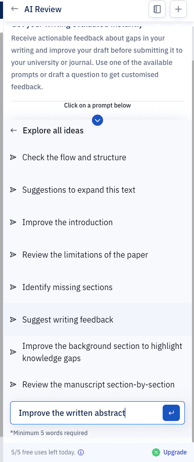 Paperpal AI Review menu showing prompts like Check the flow and structure, Suggestions to expand this text, and a custom field with “Improve the written abstract”