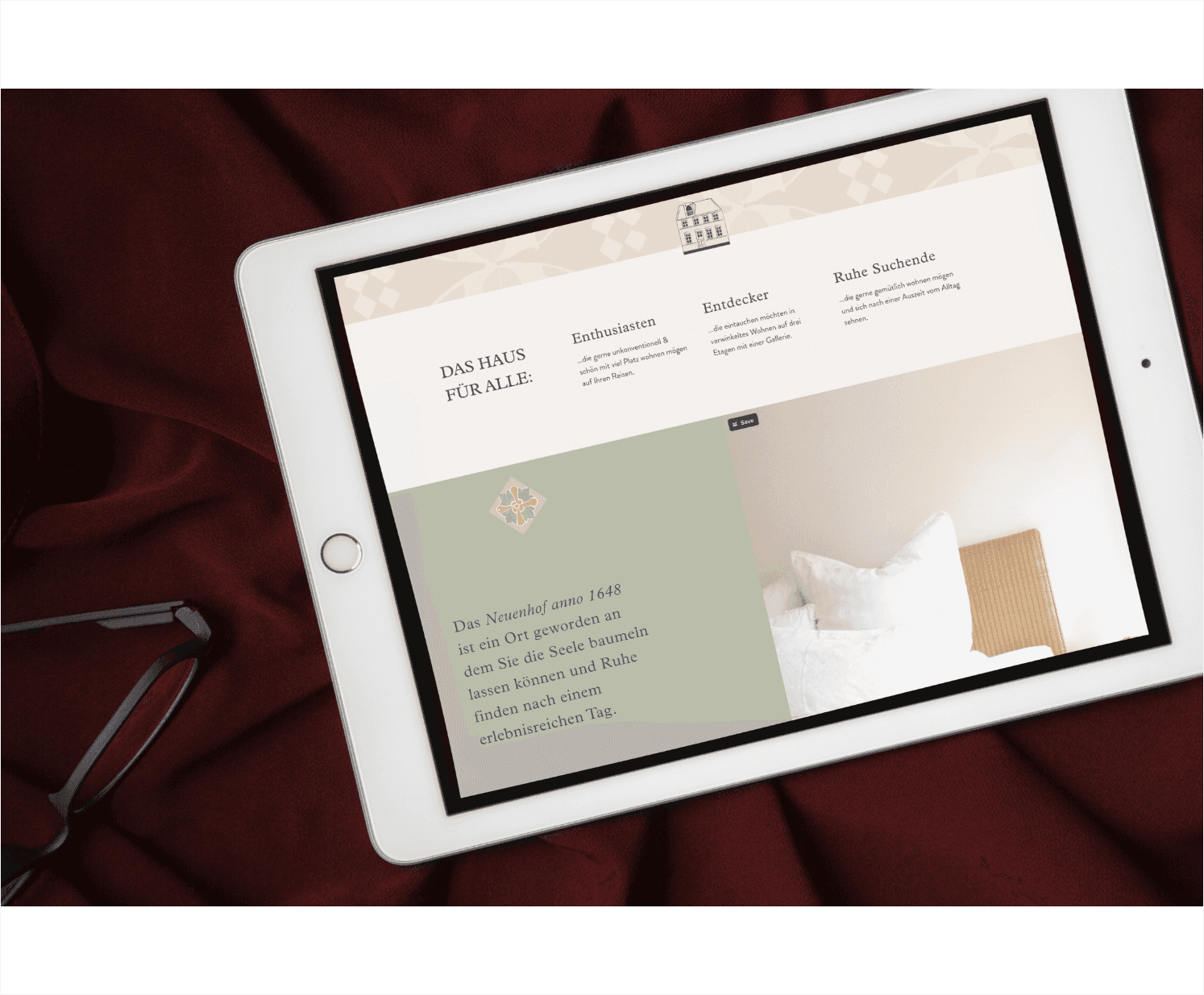  Weißes I pad mit Webdesign für ein Boutique Ferienhaus 