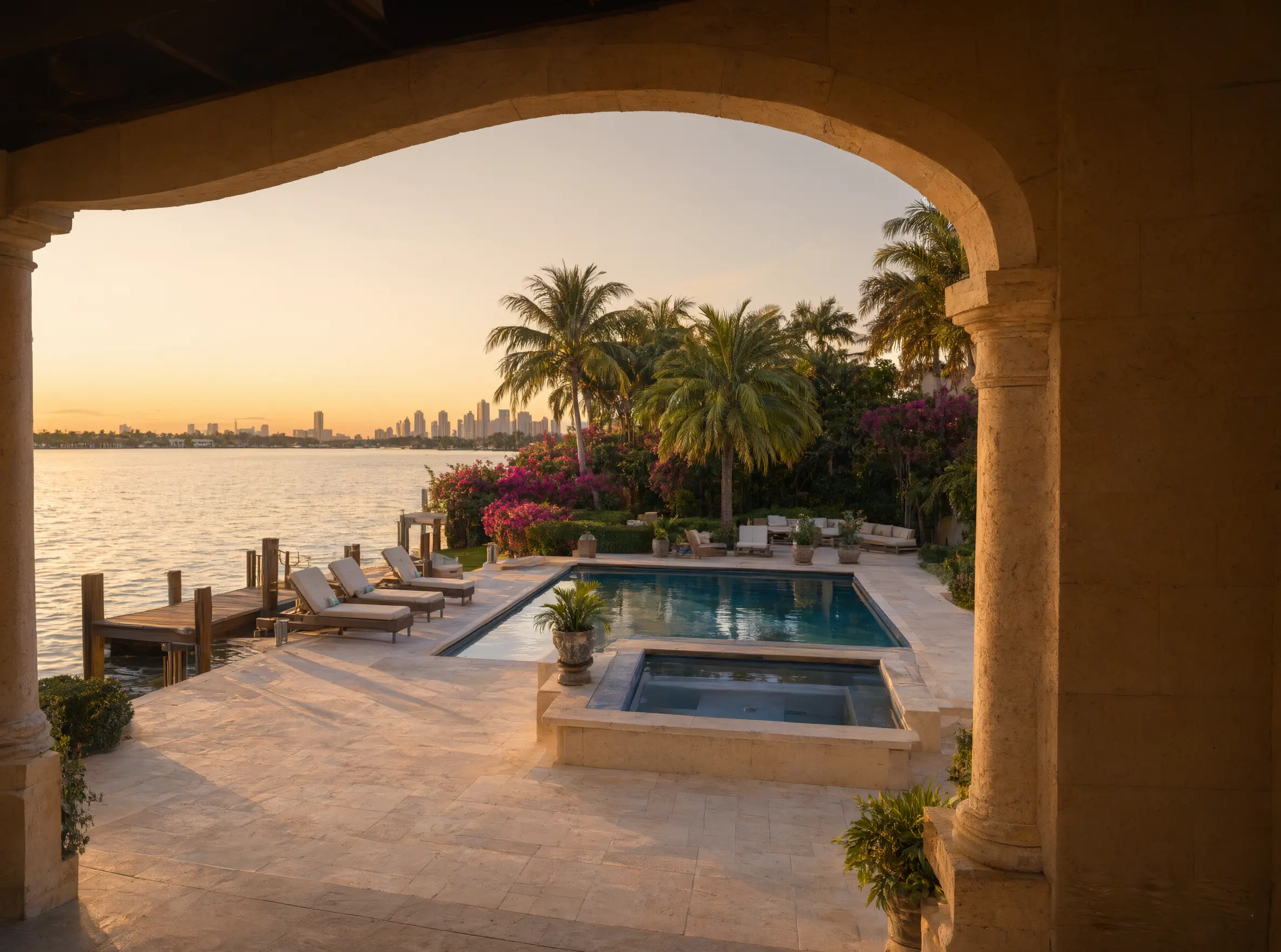 Framed view through a stone archway of a luxury Star Island estate at sunset, featuring a swimming pool and spa, private wooden dock, lush tropical landscaping with bougainvillea, and the Miami skyline across the bay