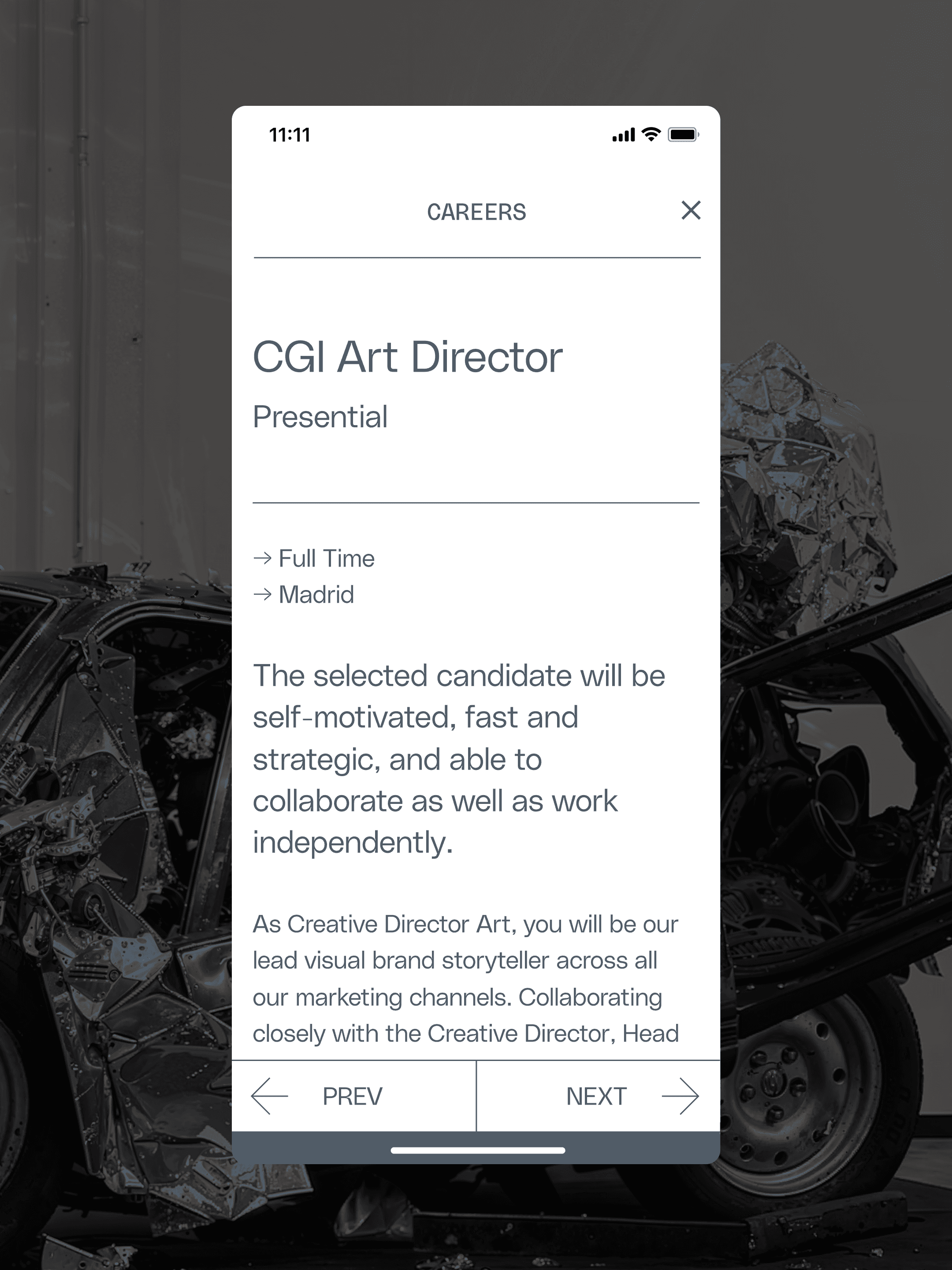 UI design for the careers section on mobile, focusing on accessibility and clear navigation