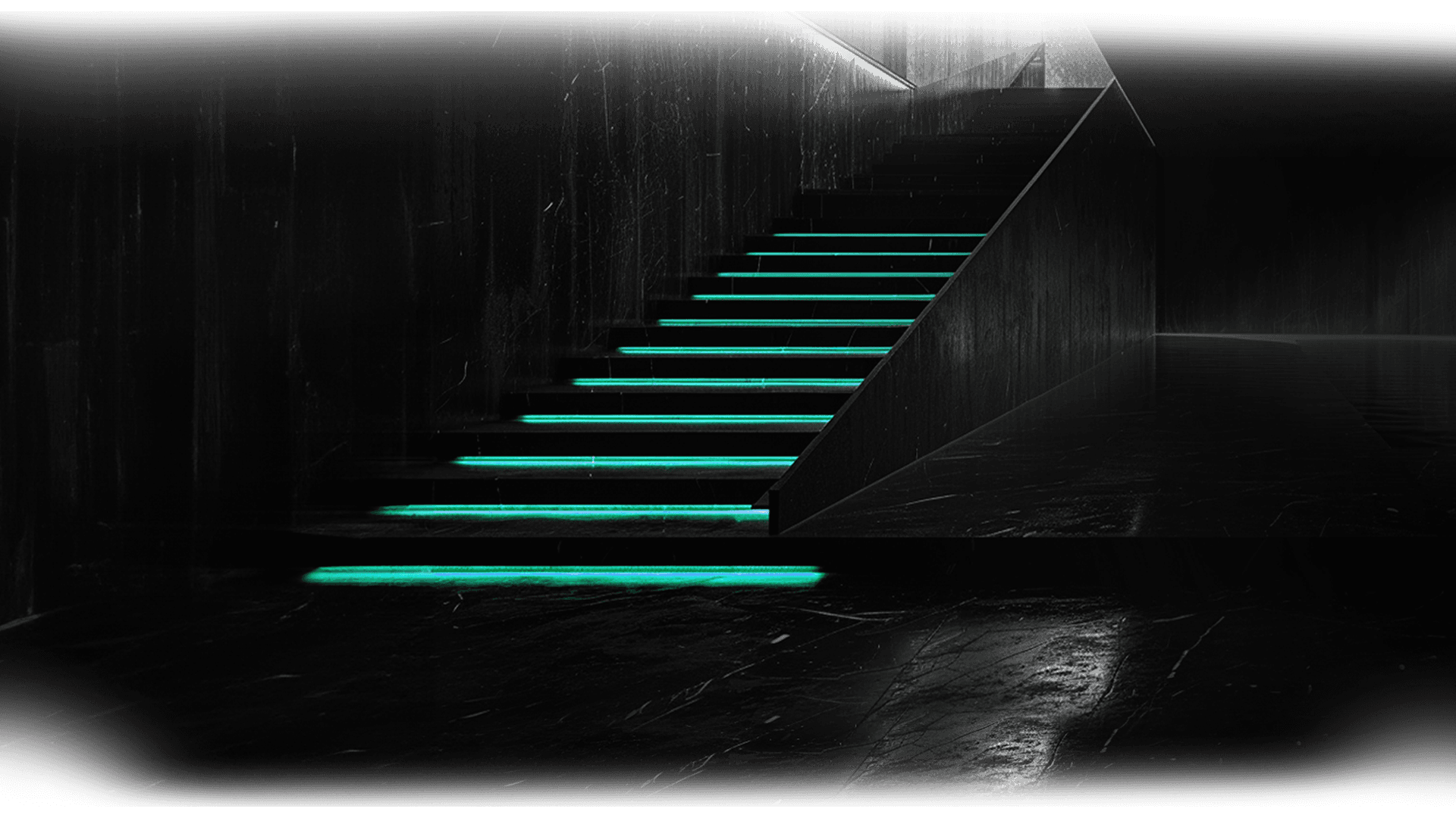 Dark staircase with glowing turquoise steps and illuminated minimalist wall.