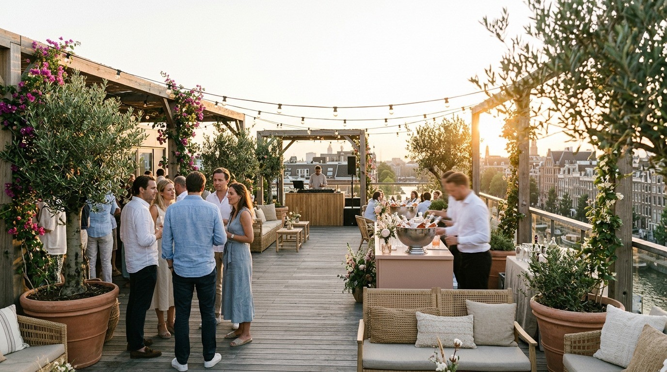 Summer Chic bedrijfsfeest op stijlvol rooftop terras in Amsterdam tijdens zonsondergang