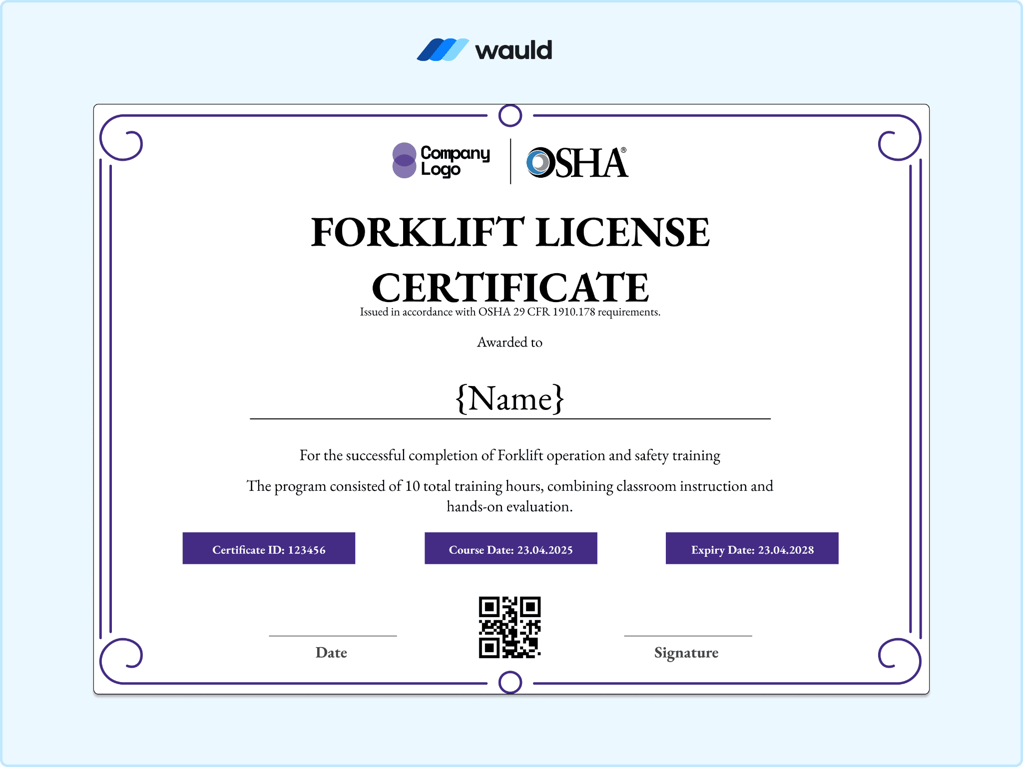 Forklift license certificate template with delicate ornamental border, recipient name field