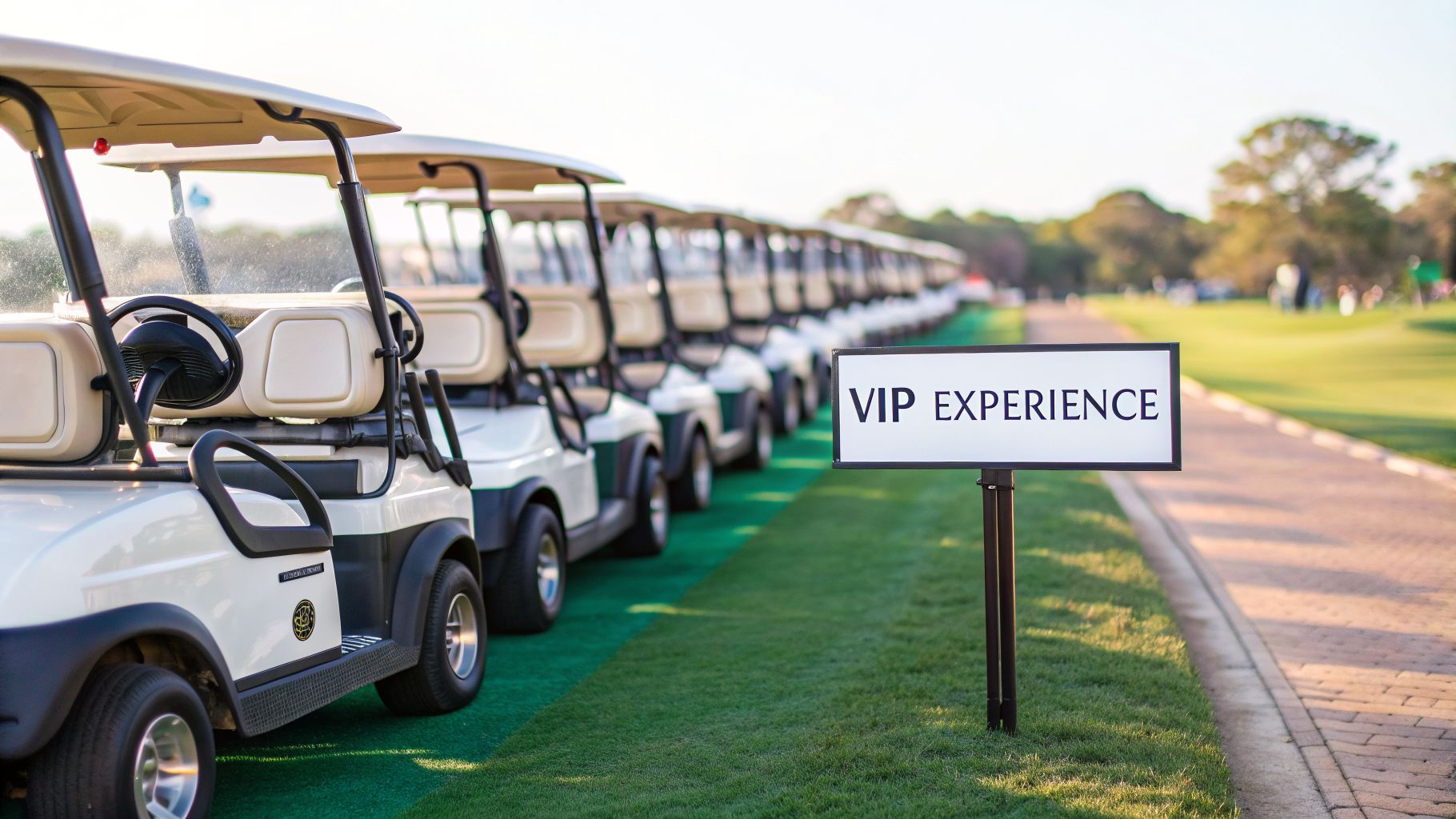 A long line of white golf carts parked on green grass next to a VIP Experience sign on a sunny golf course.