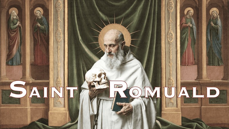 Sacred artwork by Faith and Verse. © Faith and Verse, 2025. All rights reserved.  Traditional Catholic saint portrait — Saint Romuald of Ravenna holding a skull and book, signifying penitence, spiritual discipline, and the eremitic path.