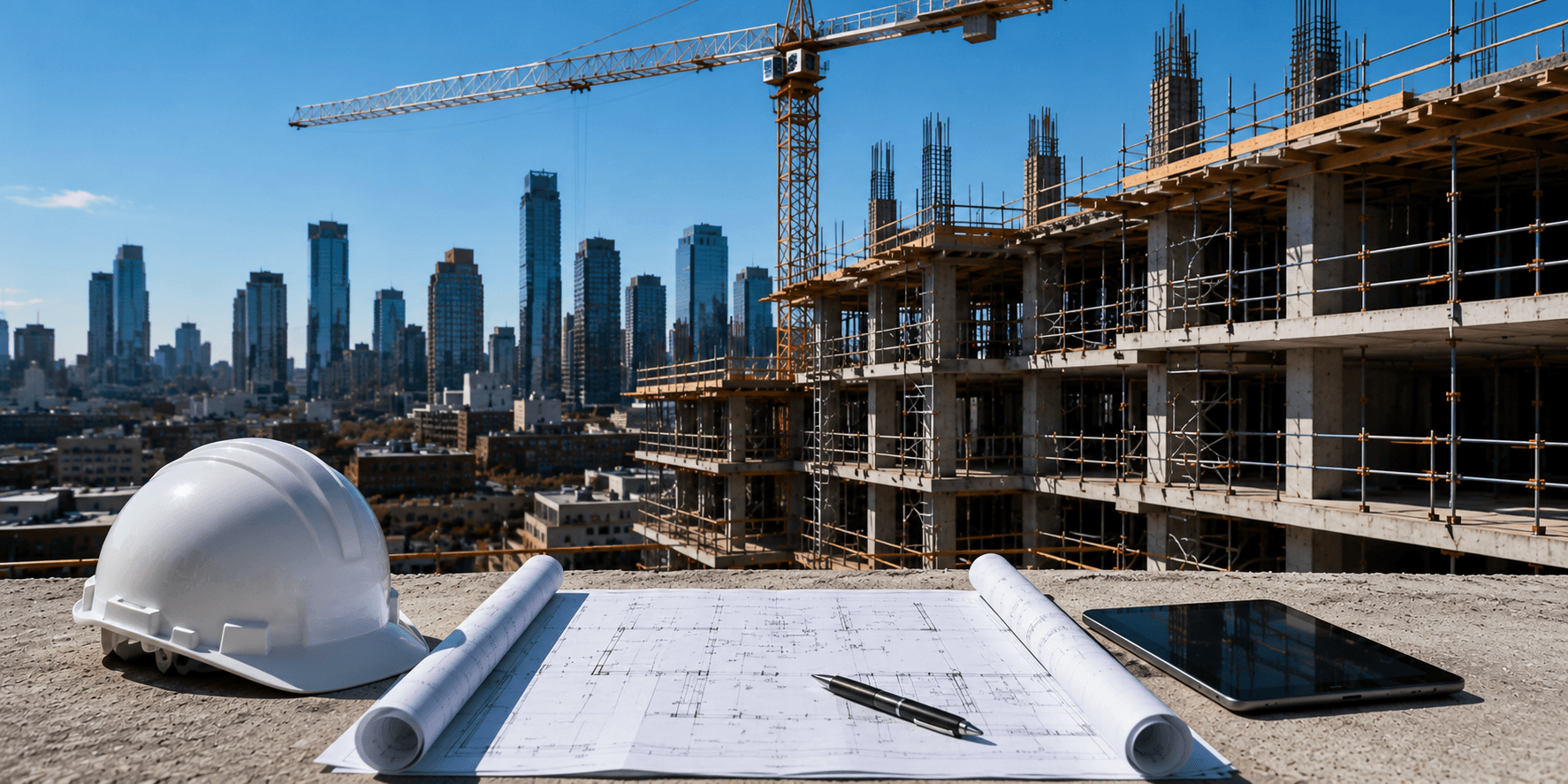 Commercial construction site with architectural blueprints, a hard hat, and a building under construction against a modern city skyline.