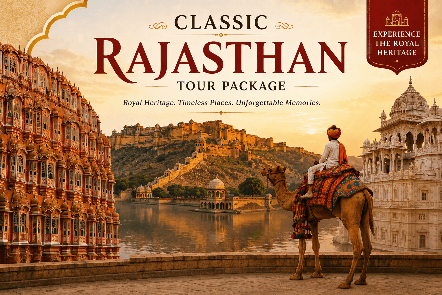 Classic Rajasthan Tour Package banner featuring Hawa Mahal, Amber Fort, a royal camel rider, historic palaces, and a lakeside heritage landscape, showcasing Rajasthan's royal architecture, rich culture, and iconic tourist attractions in India.