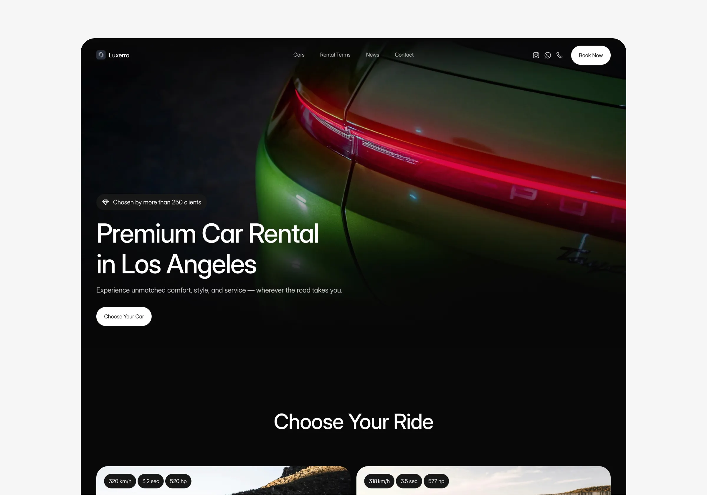 Car rental website template hero section with vehicle selection and booking flow