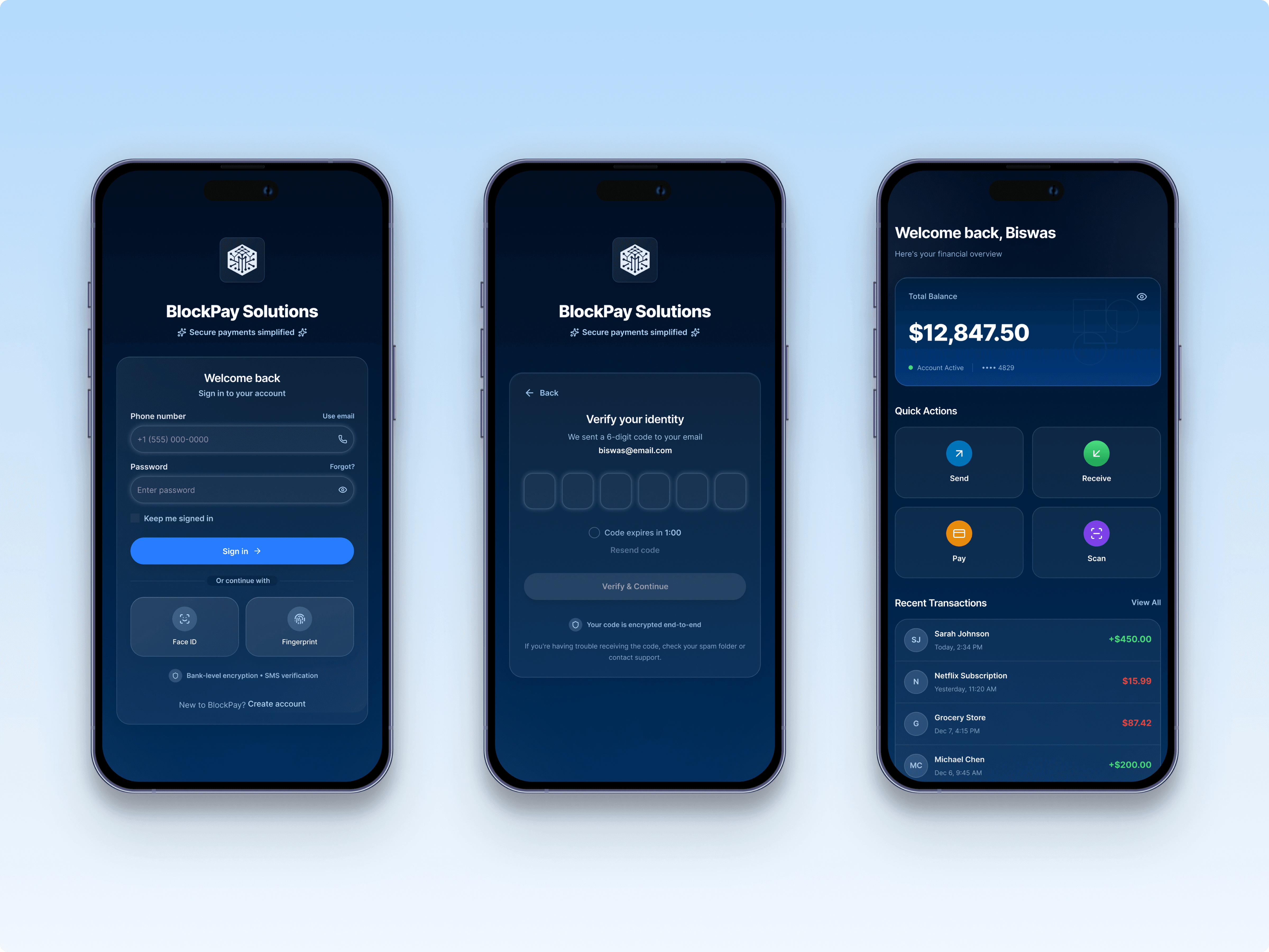 BlockPay app screens showing wallet, assets and security features