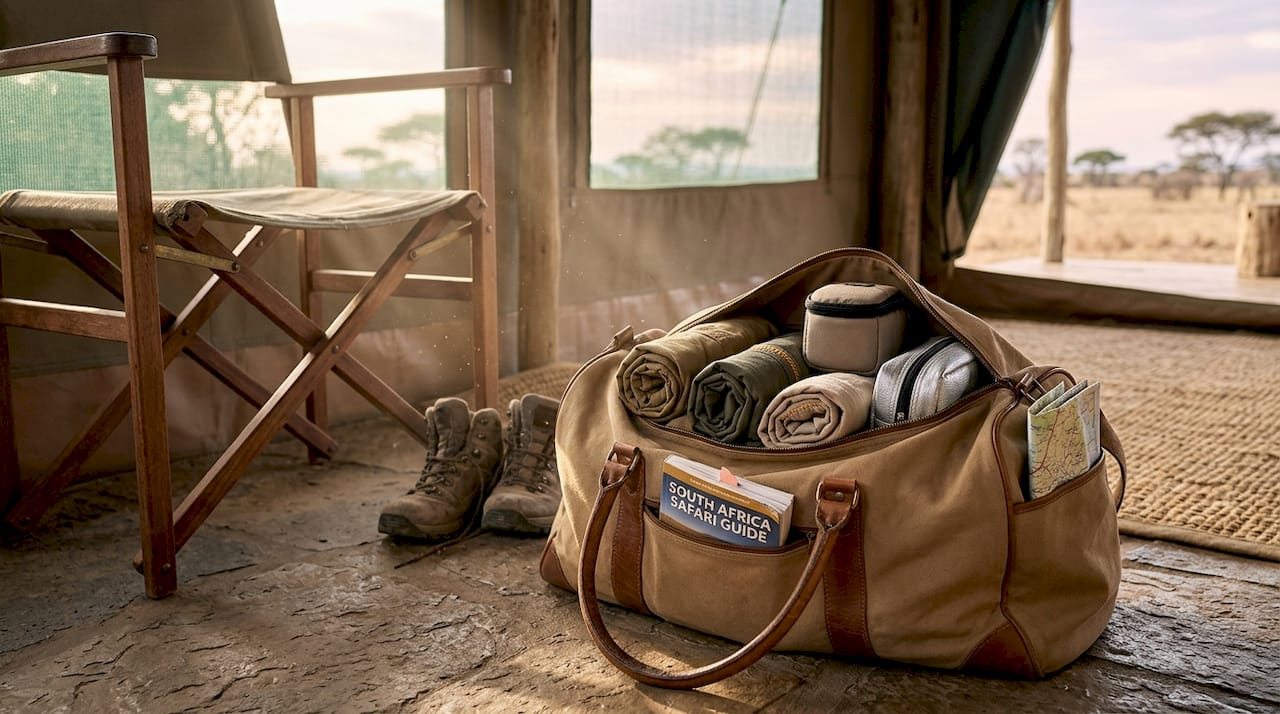 Soft-sided bag with safari essentials packed