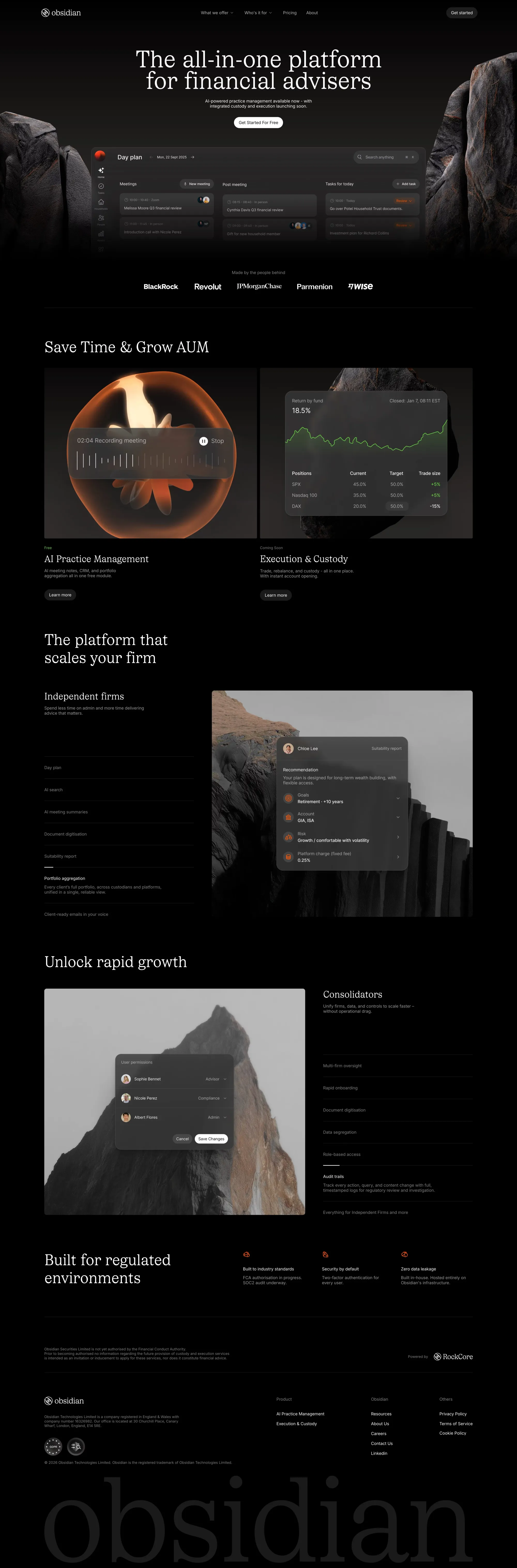 Obsidian landing page screenshot showcasing Finance and Tech design